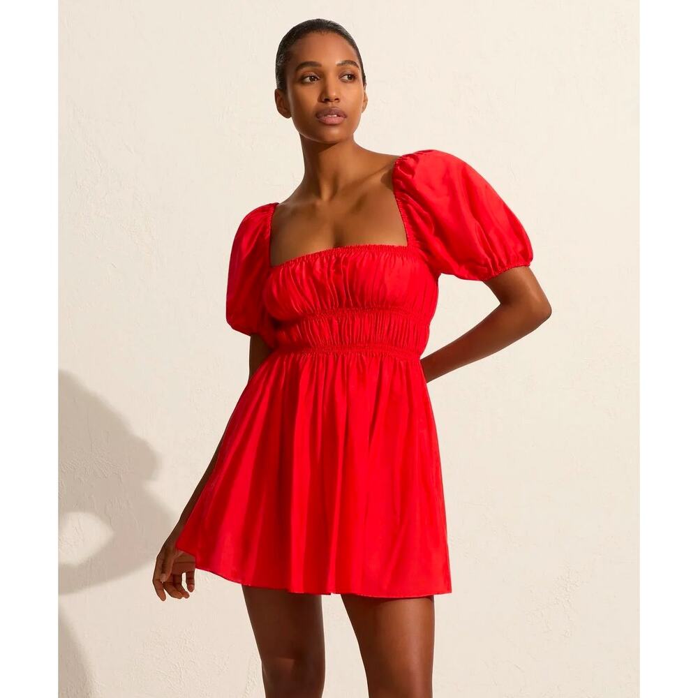 Matteau Shirred Peasant Puff Sleeve Mini Dress Cotton Silk Size 4 US